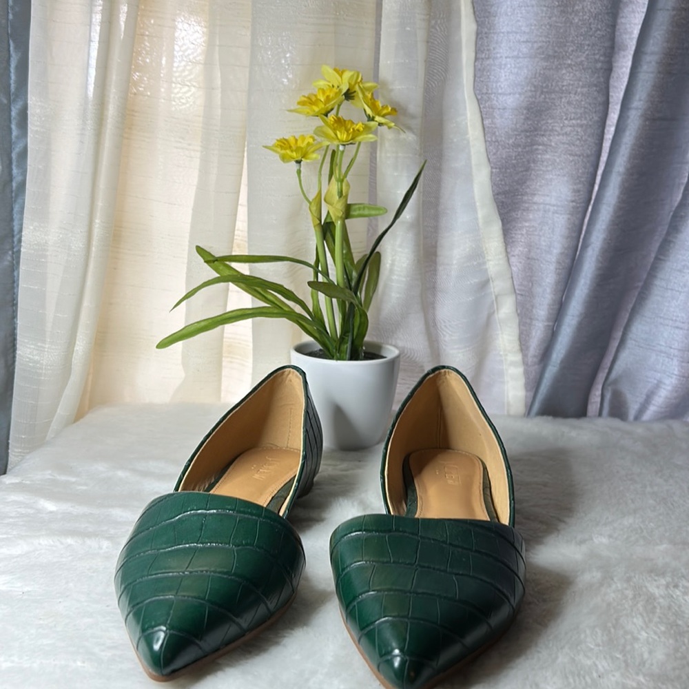 J crew Zoe D’orsay emerald green croc embossed flats size 6.5